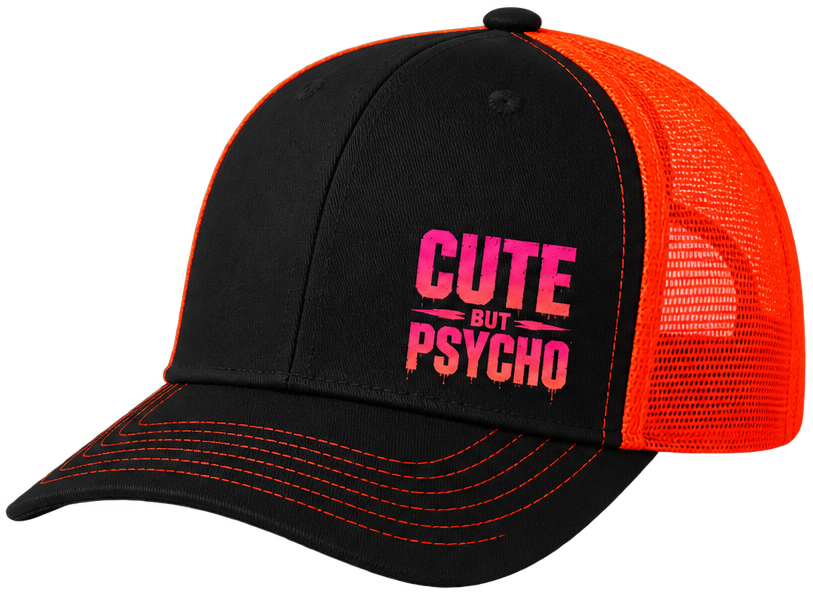Oranžovo-černá trucker čepice „Cute but Psycho“