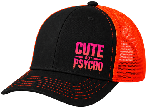 Oranžovo-černá trucker čepice „Cute but Psycho“