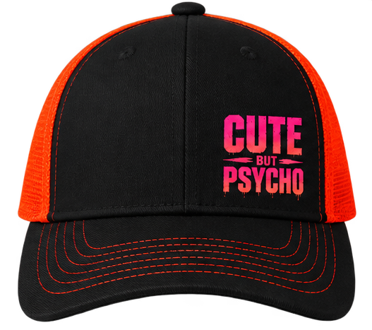 Oranžovo-černá trucker čepice „Cute but Psycho“