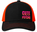 Oranžovo-černá trucker čepice „Cute but Psycho“